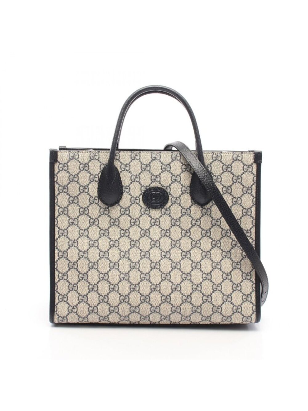 Gucci Tote Bag GG Supreme 2-Way Navy Ivory Leather Small